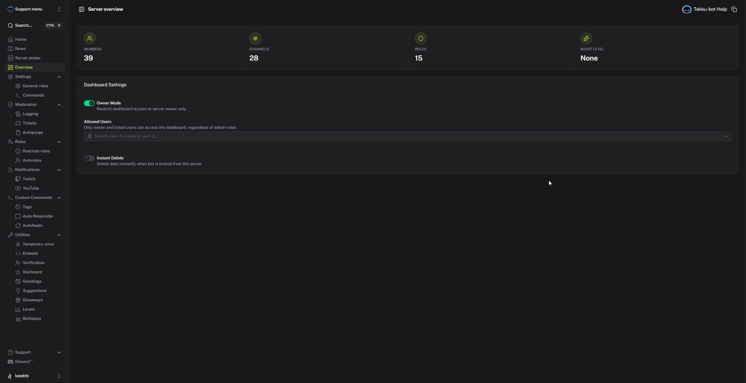 Tekku dashboard overview