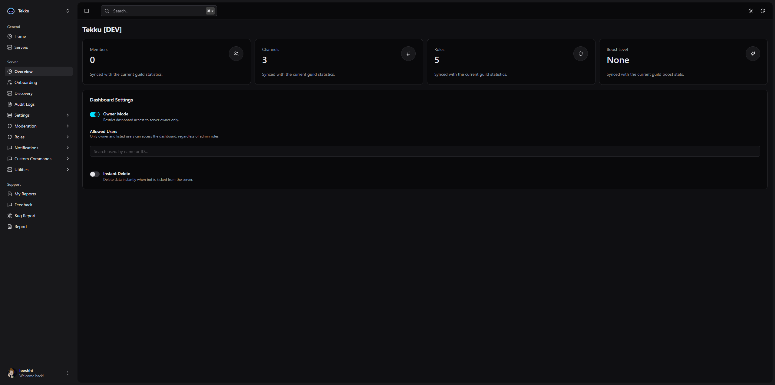 Tekku dashboard preview